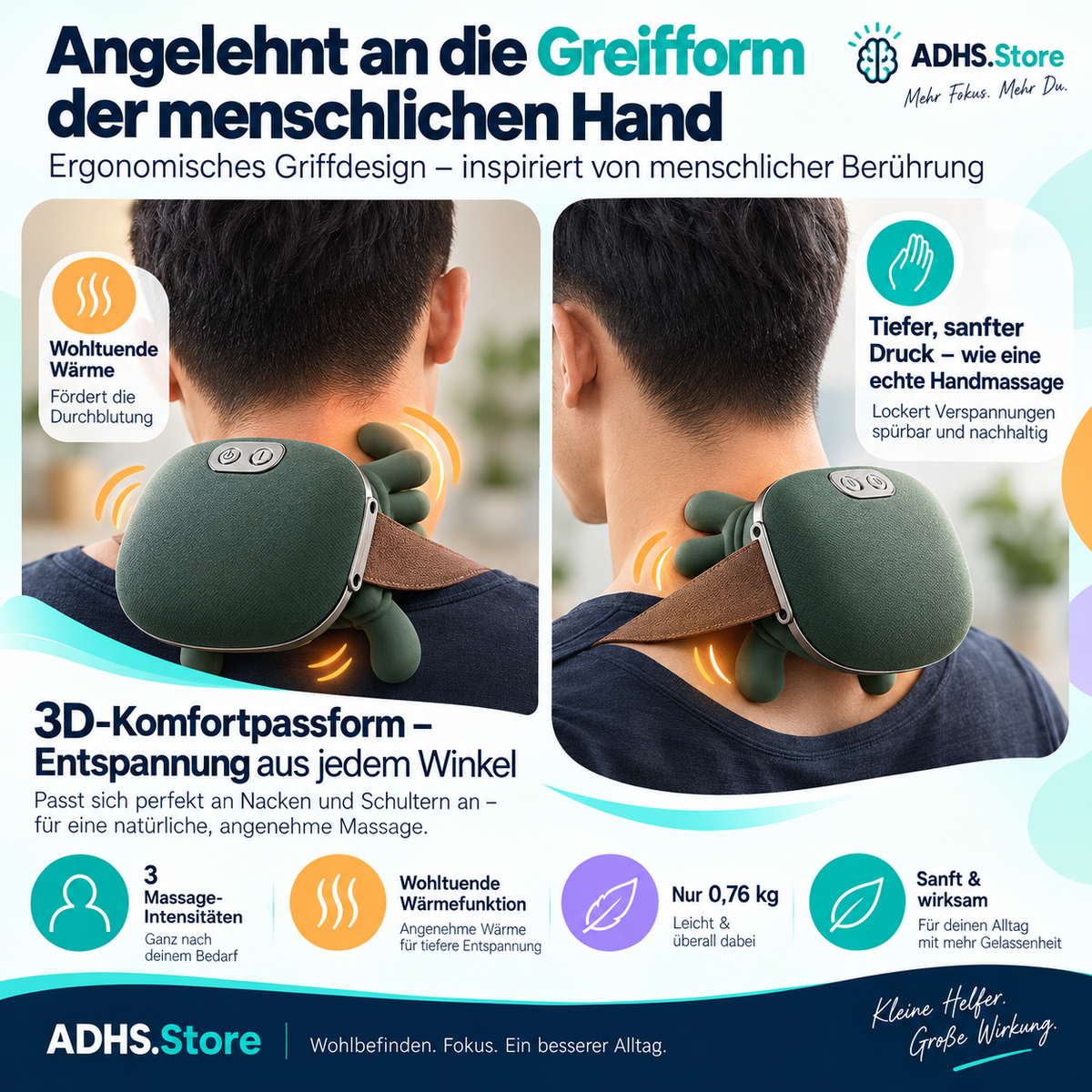 Smart Nackenmassagegerät mit Wärme – 3 Massage- & 2 Wärmestufen