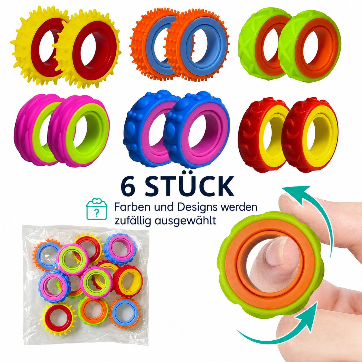 Fidget Ringe 6er-Set – Rotierende Fingerspinner für unruhige Hände