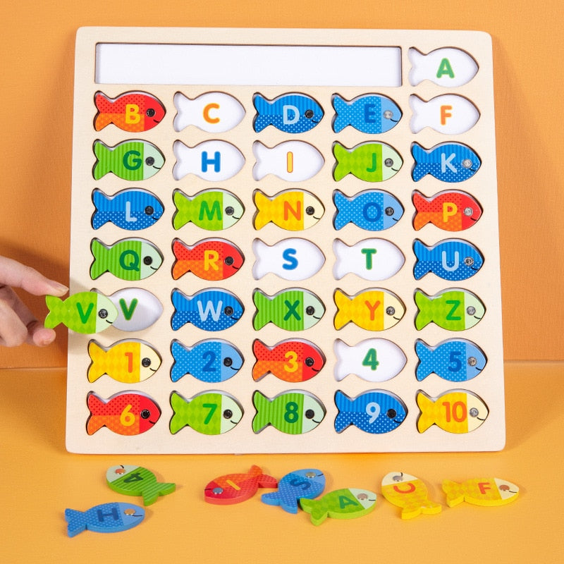 Lesen lernen mit Fischen: Hölzernes Fischspiel für die Buchstaben (und Zahlen)