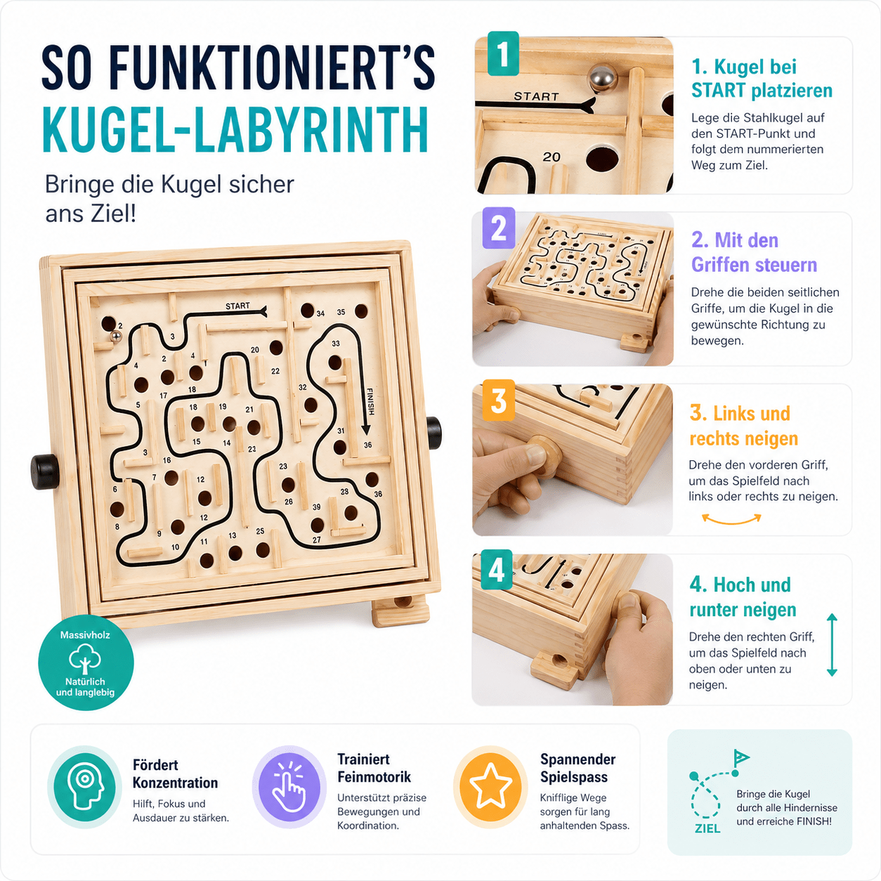 Holzlabyrinth – Klassisches Geschicklichkeitsspiel aus Holz für Konzentration & Geduld - ADHS Store