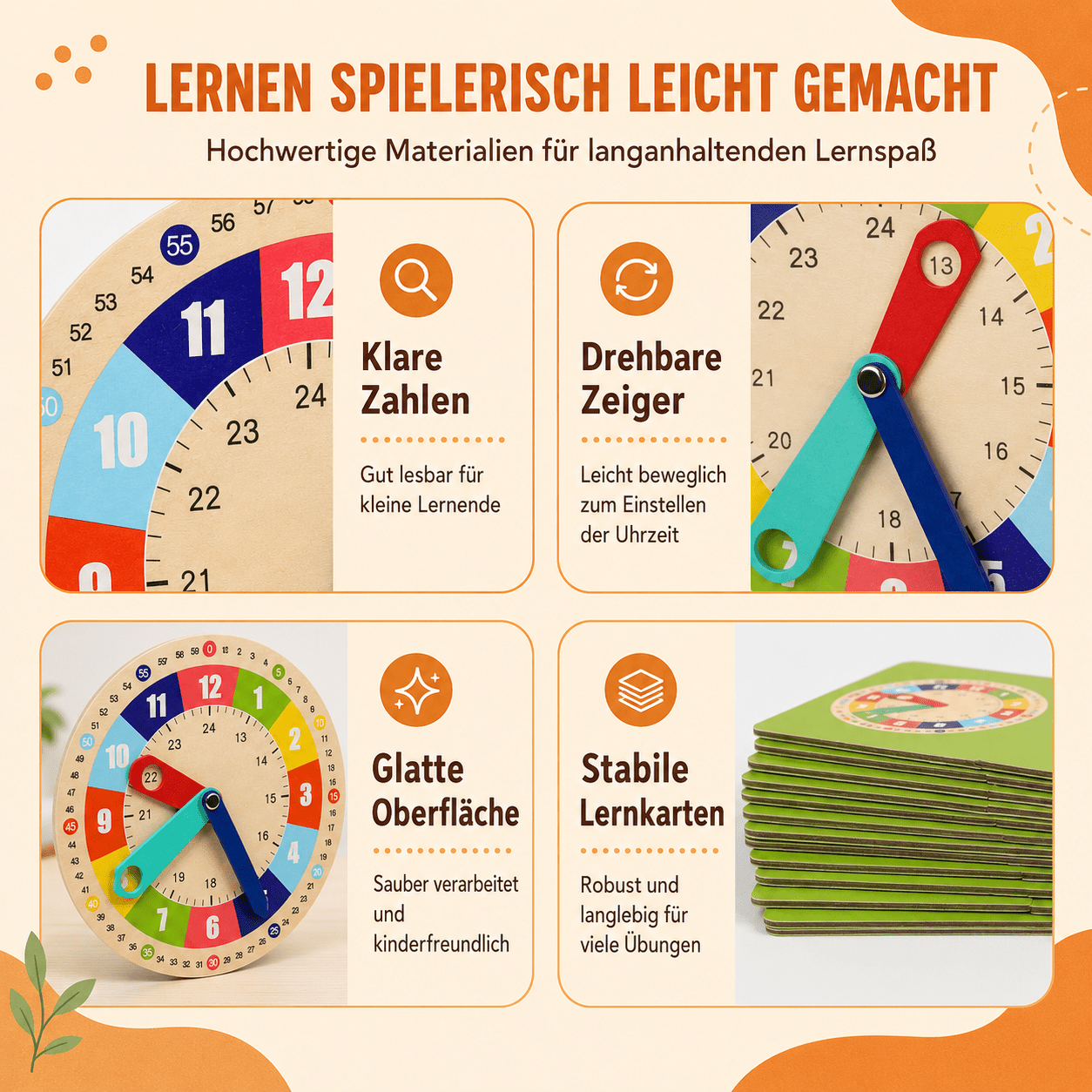 Lernuhr aus Holz mit Lernkarten – Uhrzeit spielerisch verstehen - ADHS Store