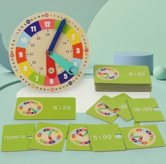 Wooden learning clock with 15 task cards