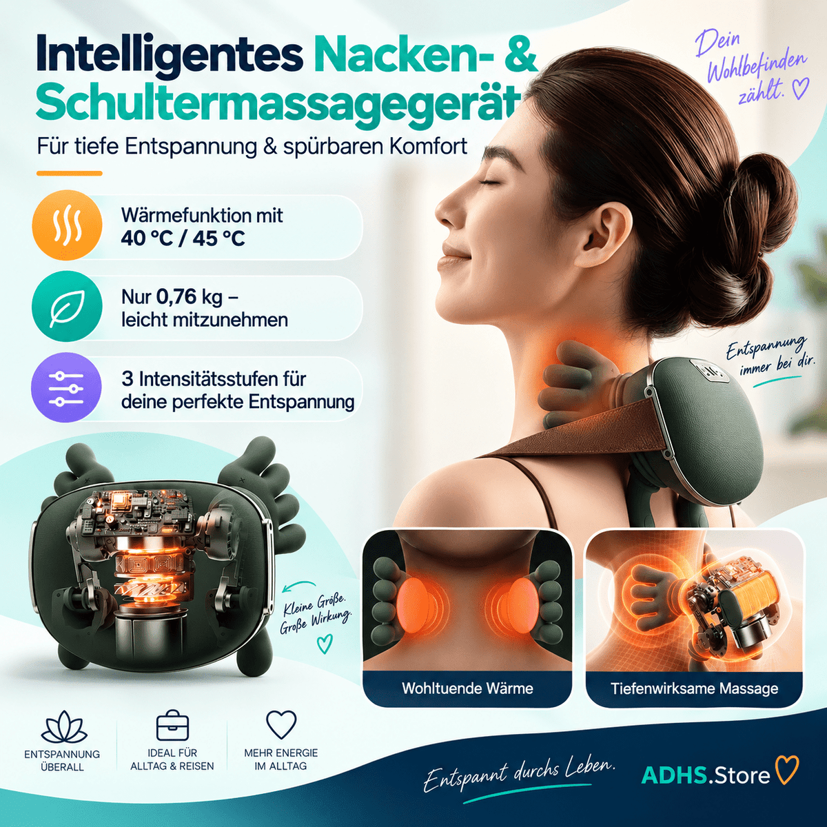 Smart Nackenmassagegerät mit Wärme – 3 Massage- & 2 Wärmestufen - ADHS Store