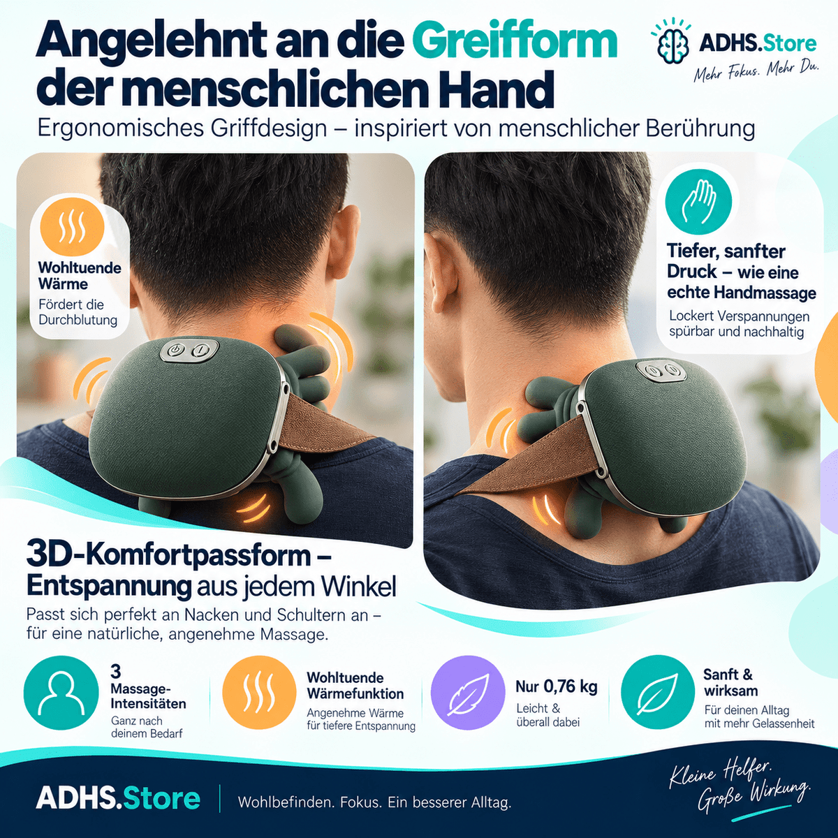 Smart Nackenmassagegerät mit Wärme – 3 Massage- & 2 Wärmestufen - ADHS Store
