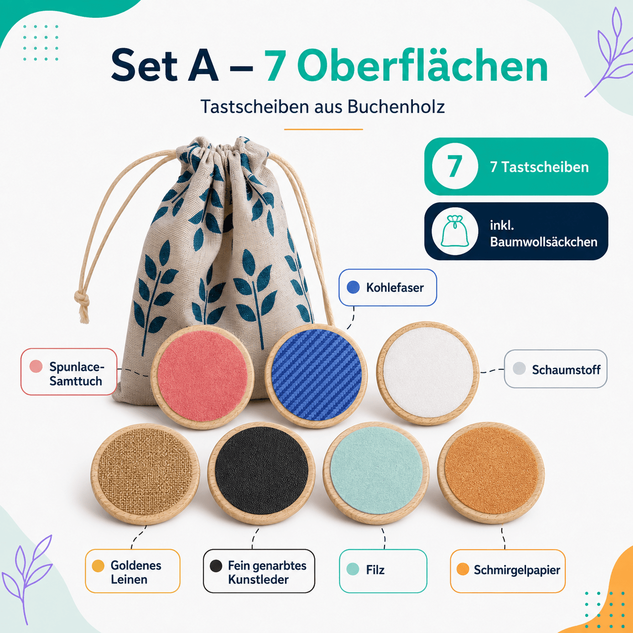 Tastscheiben aus Holz – Sensorisches Fühlspiel im 7er-Set - ADHS Store