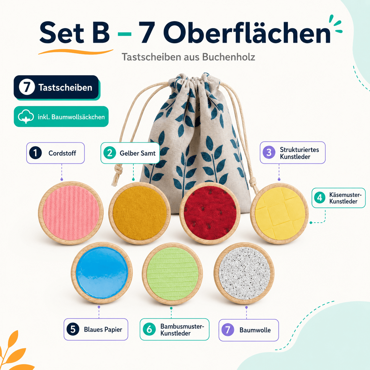 Tastscheiben aus Holz – Sensorisches Fühlspiel im 7er-Set - ADHS Store